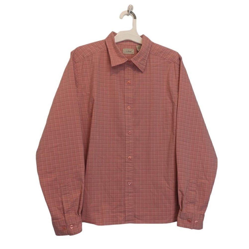 L.L.Bean Women's Long Sleeve Button Up Peach Plaid Large